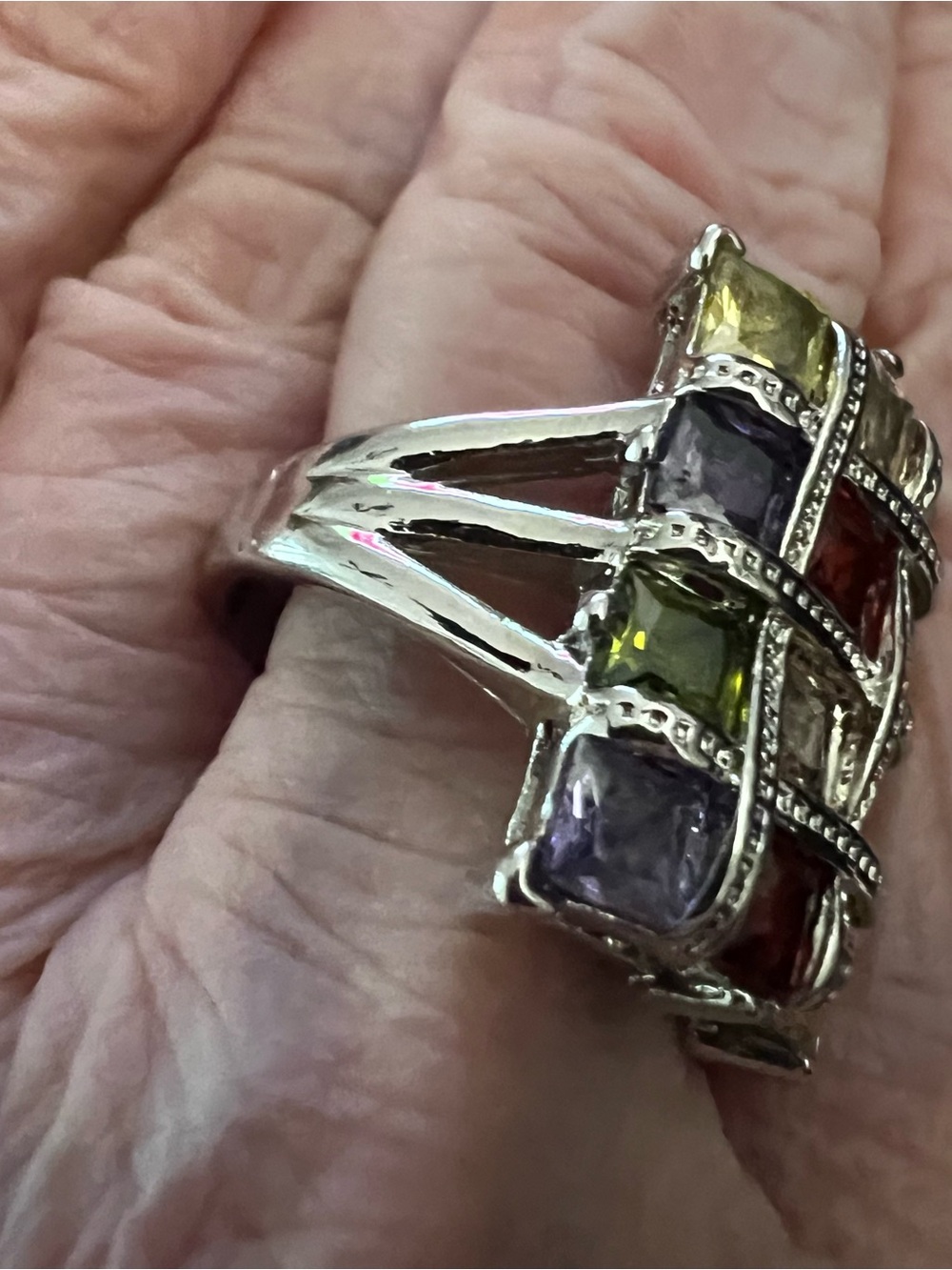 Multi-Gemstone Square Statement Ring - Silver Tone - Picture 9 of 12